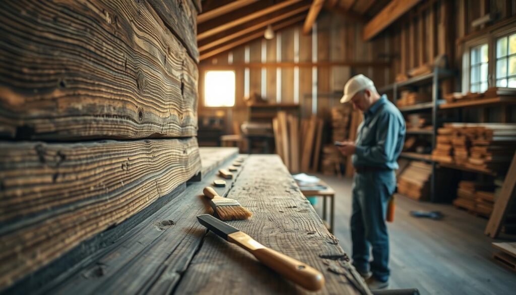 A detailed view of an aged wooden structure undergoing restoration, showcasing intricate wood grain and signs of wear and tear. In the foreground, tools like chisels and brushes rest on a workbench, hinting at the meticulous repair process. The middle ground features an expert contractor in professional attire, carefully examining wooden beams, illuminated by soft, natural light filtering through a nearby window. In the background, a tranquil workshop with shelves of timber and restoration materials adds depth to the scene. The image captures a mood of dedication and craftsmanship, highlighting the importance of preserving historical wooden constructions. The composition is photographed with a DSLR camera, focusing on rich textures and clarity, ensuring a photorealistic quality suitable for a magazine layout.