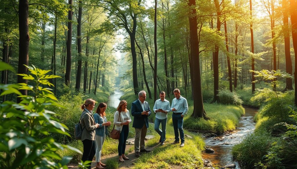 A lush, vibrant forest scene showcasing sustainable forestry practices. In the foreground, a diverse group of professionals in smart casual attire examines tree samples, engaged in discussion. The middle ground features carefully managed trees, illustrating different stages of growth, with clear indicators of ecological preservation. In the background, a gentle stream flows through the forest, reflecting dappled sunlight filtering through the leaves. The atmosphere exudes tranquility and harmony with nature, capturing the essence of ecological forest use. The image is rendered in a photorealistic style, mimicking a DSLR camera perspective, with soft, natural lighting that highlights the rich greens and earthy tones of the landscape. A lush, vibrant forest scene showcasing sustainable forestry practices. In the foreground, a diverse group of professionals in smart casual attire examines tree samples, engaged in discussion. The middle ground features carefully managed trees, illustrating different stages of growth, with clear indicators of ecological preservation. In the background, a gentle stream flows through the forest, reflecting dappled sunlight filtering through the leaves. The atmosphere exudes tranquility and harmony with nature, capturing the essence of ecological forest use. The image is rendered in a photorealistic style, mimicking a DSLR camera perspective, with soft, natural lighting that highlights the rich greens and earthy tones of the landscape.