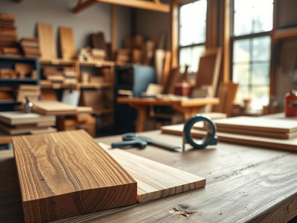 A meticulous workspace showcasing a comparison between solid wood and veneer materials. In the foreground, feature a section of rich, textured solid wood with visible grain patterns next to a sleek veneer sample, reflecting light beautifully. In the middle ground, display tools like a caliper and tape measure, emphasizing craftsmanship. The background should feature a softly blurred woodworking shop with shelves lined with various wood types, illuminated by natural light pouring through large windows, creating a warm and inviting atmosphere. The overall mood should evoke professionalism and craftsmanship, with a focus on quality and detail. Shot in photorealistic detail, as if taken with a DSLR for a magazine editorial. A meticulous workspace showcasing a comparison between solid wood and veneer materials. In the foreground, feature a section of rich, textured solid wood with visible grain patterns next to a sleek veneer sample, reflecting light beautifully. In the middle ground, display tools like a caliper and tape measure, emphasizing craftsmanship. The background should feature a softly blurred woodworking shop with shelves lined with various wood types, illuminated by natural light pouring through large windows, creating a warm and inviting atmosphere. The overall mood should evoke professionalism and craftsmanship, with a focus on quality and detail. Shot in photorealistic detail, as if taken with a DSLR for a magazine editorial.