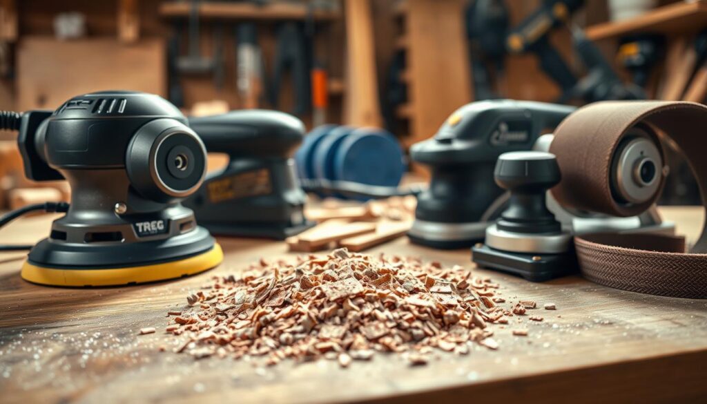 A photorealistic close-up image of various woodworking sanding devices, specifically a random orbit sander, a detail sander, and a belt sander, arranged on a wooden workbench. The foreground features the sanders with visible details like the motor, sanding pads, and power cords, glistening under soft, diffused natural light. In the middle, showcase a scattering of different grits of sandpaper, emphasizing their texture and colors. The background features slightly blurred workshop tools and wood shavings to create a workshop atmosphere, enhancing focus on the sanders. The scene should have an inviting and industrious mood, captured with a DSLR camera, with an emphasis on sharpness and clarity to highlight the devices' engineering and functionality. A photorealistic close-up image of various woodworking sanding devices, specifically a random orbit sander, a detail sander, and a belt sander, arranged on a wooden workbench. The foreground features the sanders with visible details like the motor, sanding pads, and power cords, glistening under soft, diffused natural light. In the middle, showcase a scattering of different grits of sandpaper, emphasizing their texture and colors. The background features slightly blurred workshop tools and wood shavings to create a workshop atmosphere, enhancing focus on the sanders. The scene should have an inviting and industrious mood, captured with a DSLR camera, with an emphasis on sharpness and clarity to highlight the devices' engineering and functionality.