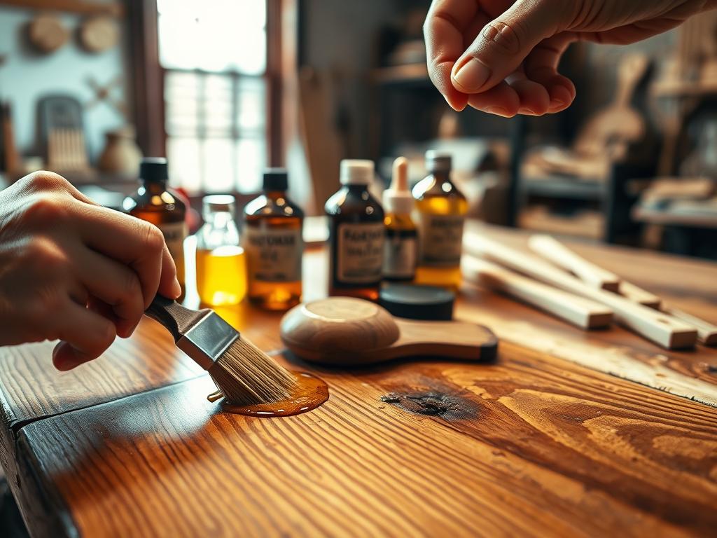 A photorealistic close-up of a wooden surface being treated with natural oils, showcasing the rich grain and texture of the wood. In the foreground, a hand gently applies oil with a brush, highlighting the shine and depth of color being enhanced. The middle ground features various wood treatment products—oil, wax, and brushes—neatly arranged on a rustic wooden table. The background includes soft, blurred elements of a workshop with warm, natural lighting filtering through a window, creating an inviting atmosphere. This scene captures the importance of wood protection and care, evoking a sense of craftsmanship and dedication to maintaining wooden surfaces. The image should be shot from a slightly elevated angle to focus on the wood treatment process. A photorealistic close-up of a wooden surface being treated with natural oils, showcasing the rich grain and texture of the wood. In the foreground, a hand gently applies oil with a brush, highlighting the shine and depth of color being enhanced. The middle ground features various wood treatment products—oil, wax, and brushes—neatly arranged on a rustic wooden table. The background includes soft, blurred elements of a workshop with warm, natural lighting filtering through a window, creating an inviting atmosphere. This scene captures the importance of wood protection and care, evoking a sense of craftsmanship and dedication to maintaining wooden surfaces. The image should be shot from a slightly elevated angle to focus on the wood treatment process.