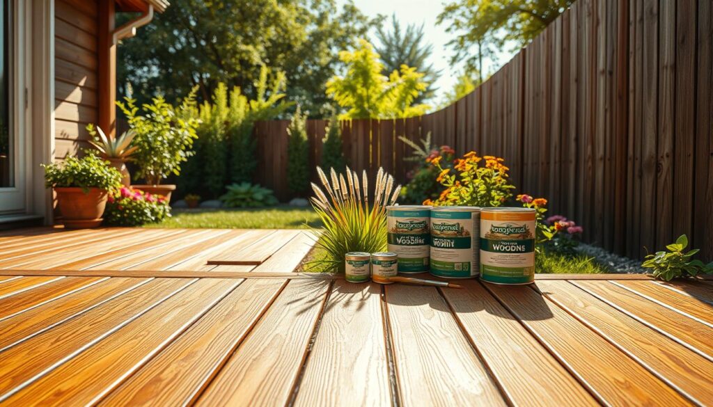 A photorealistic garden scene highlighting wood protection measures. In the foreground, a well-maintained wooden deck with visible coats of protective sealant glistening under warm, natural sunlight. A small, neatly organized workstation with brushes and cans of eco-friendly wood treatments is nearby. The middle ground features lush green plants and colorful flowering shrubs, creating a vibrant contrast against the rich wooden textures. In the background, a rustic fence made of treated wood stands, radiating resilience against the elements. The atmosphere is calm, evoking a sense of care and responsibility in maintaining outdoor wood. The shot is taken with a DSLR camera, ensuring a shallow depth of field, which beautifully blurs the background while keeping the focus on the wood elements.