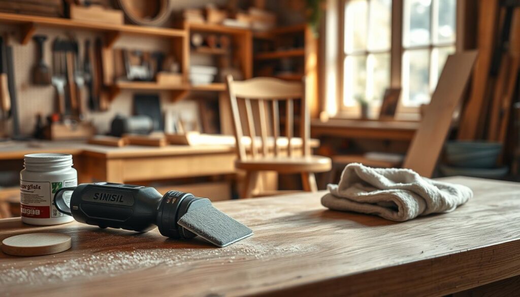 A photorealistic image capturing the process of refreshing wooden surfaces. In the foreground, a well-lit table features various tools such as sandpaper, wood polish, and a clean cloth. The middle ground showcases a partially refinished wooden chair, with one side gleaming and the other still in need of restoration. In the background, a serene workshop setting includes shelves filled with woodworking tools and a window allowing soft, natural light to illuminate the scene. The lighting has a warm, inviting quality, enhancing the rich textures of the wood. The overall mood is peaceful and focused, emphasizing the simplicity and effectiveness of methods for rejuvenating wood surfaces. This image evokes a sense of craftsmanship and care in maintaining wooden décor.