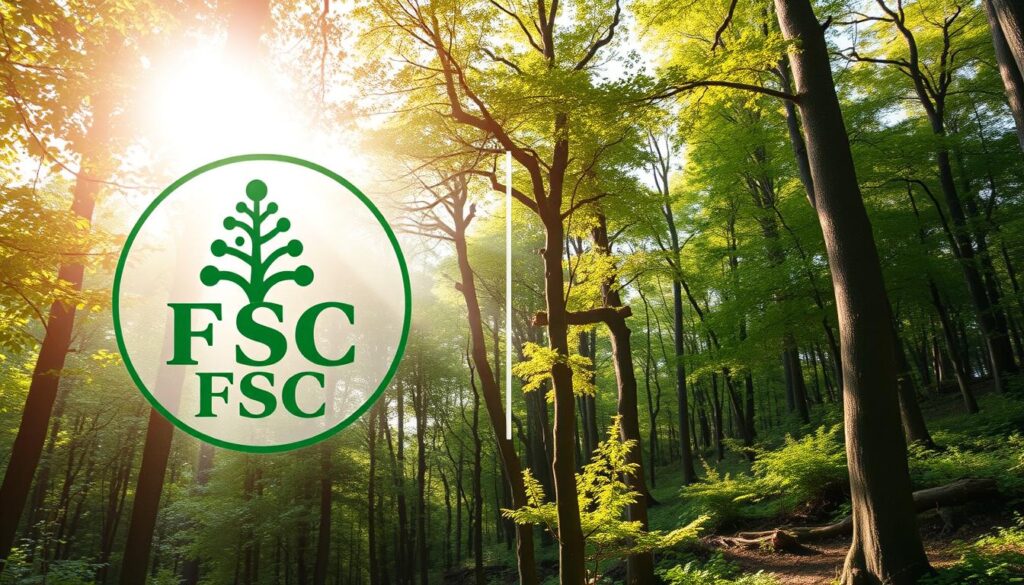 A photorealistic image illustrating the definitions of FSC (Forest Stewardship Council) and PEFC (Programme for the Endorsement of Forest Certification). In the foreground, display two distinct certification logos, elegantly designed, with the FSC logo featuring a stylized tree and PEFC showcasing overlapping elements symbolizing forest stewardship. In the middle ground, seamlessly blend visuals of lush, sustainable forests under soft, natural sunlight filtering through the leaves, creating a vibrant and serene atmosphere. In the background, depict a peaceful woodland scene with a diverse array of trees and wildlife, emphasizing the essence of environmental conservation. The image should convey a sense of harmony and responsibility towards nature, shot with a DSLR camera, capturing vivid colors and intricate details for a magazine-like quality. A photorealistic image illustrating the definitions of FSC (Forest Stewardship Council) and PEFC (Programme for the Endorsement of Forest Certification). In the foreground, display two distinct certification logos, elegantly designed, with the FSC logo featuring a stylized tree and PEFC showcasing overlapping elements symbolizing forest stewardship. In the middle ground, seamlessly blend visuals of lush, sustainable forests under soft, natural sunlight filtering through the leaves, creating a vibrant and serene atmosphere. In the background, depict a peaceful woodland scene with a diverse array of trees and wildlife, emphasizing the essence of environmental conservation. The image should convey a sense of harmony and responsibility towards nature, shot with a DSLR camera, capturing vivid colors and intricate details for a magazine-like quality.