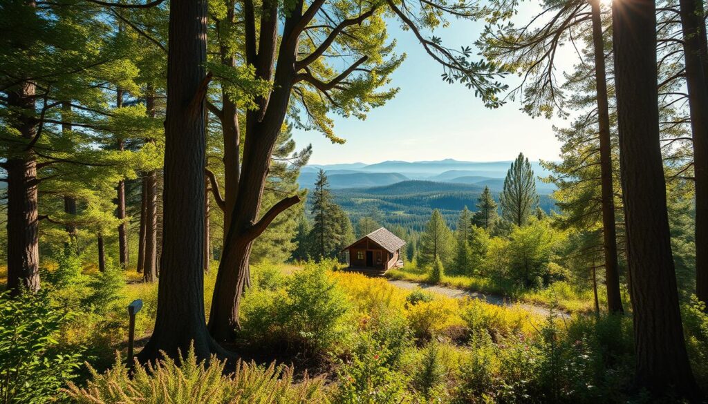 A photorealistic image of a lush forest scene that highlights the theme of wood and CO₂ storage. In the foreground, a diverse array of healthy trees, including oaks and pines, showcase their bark and foliage reflecting the sunlight. The middle ground features a small, serene wooden cabin, surrounded by vibrant underbrush and small plants, illustrating sustainable living. In the background, a soft-focus vista of rolling hills and a clear blue sky emphasizes the connection between nature and carbon capture. Soft, dappled lighting filters through the leaves, casting gentle shadows on the ground, creating an inviting and harmonious atmosphere. This composition should evoke feelings of tranquility and environmental consciousness while maintaining a professional, magazine-quality aesthetic. Shot with a DSLR camera, emphasizing clarity and detail.
