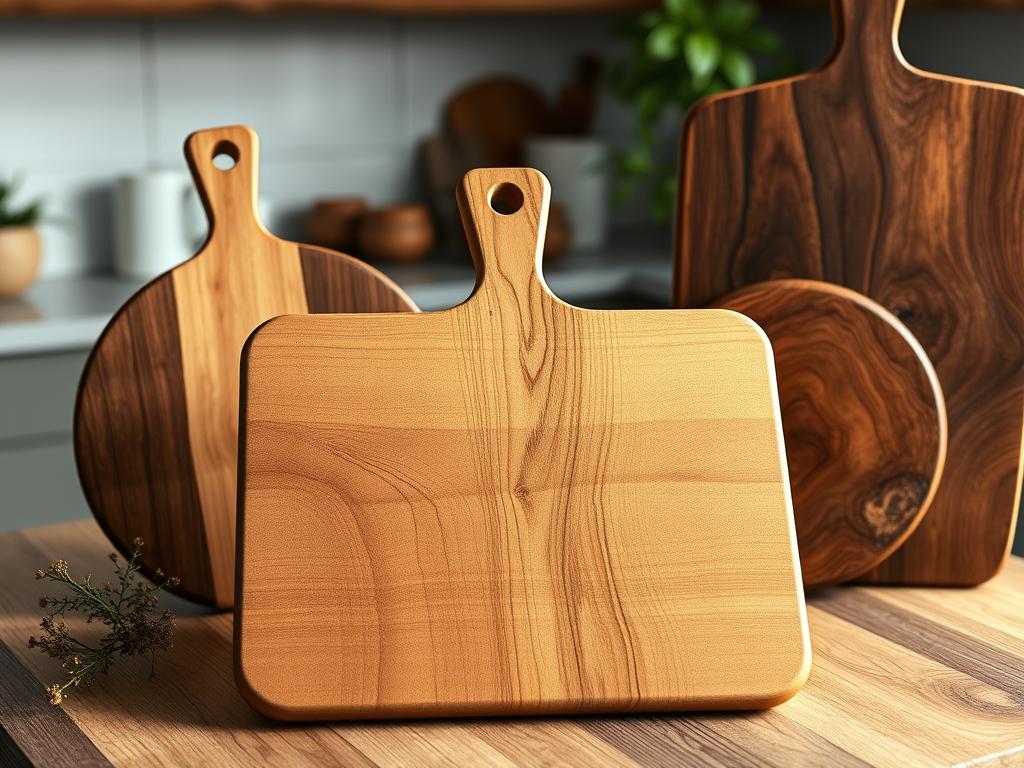 A photorealistic image of a wooden cutting board and serving board assortment, showcasing the rich textures and colors of beech, oak, and olive wood. In the foreground, a beautifully polished beechwood cutting board is centered, with its distinct grain patterns highlighted by soft, natural lighting. To the left, an elegant oak serving board, featuring its light and dark hues, gives the composition depth. On the right, a rustic olive wood board displays its unique swirls and knots. The background features a muted kitchen setting with subtle hints of greenery, enhancing the warmth of the wood. The scene is captured with a DSLR camera at a warm light angle, creating a cozy and inviting atmosphere suitable for a culinary magazine. A photorealistic image of a wooden cutting board and serving board assortment, showcasing the rich textures and colors of beech, oak, and olive wood. In the foreground, a beautifully polished beechwood cutting board is centered, with its distinct grain patterns highlighted by soft, natural lighting. To the left, an elegant oak serving board, featuring its light and dark hues, gives the composition depth. On the right, a rustic olive wood board displays its unique swirls and knots. The background features a muted kitchen setting with subtle hints of greenery, enhancing the warmth of the wood. The scene is captured with a DSLR camera at a warm light angle, creating a cozy and inviting atmosphere suitable for a culinary magazine.