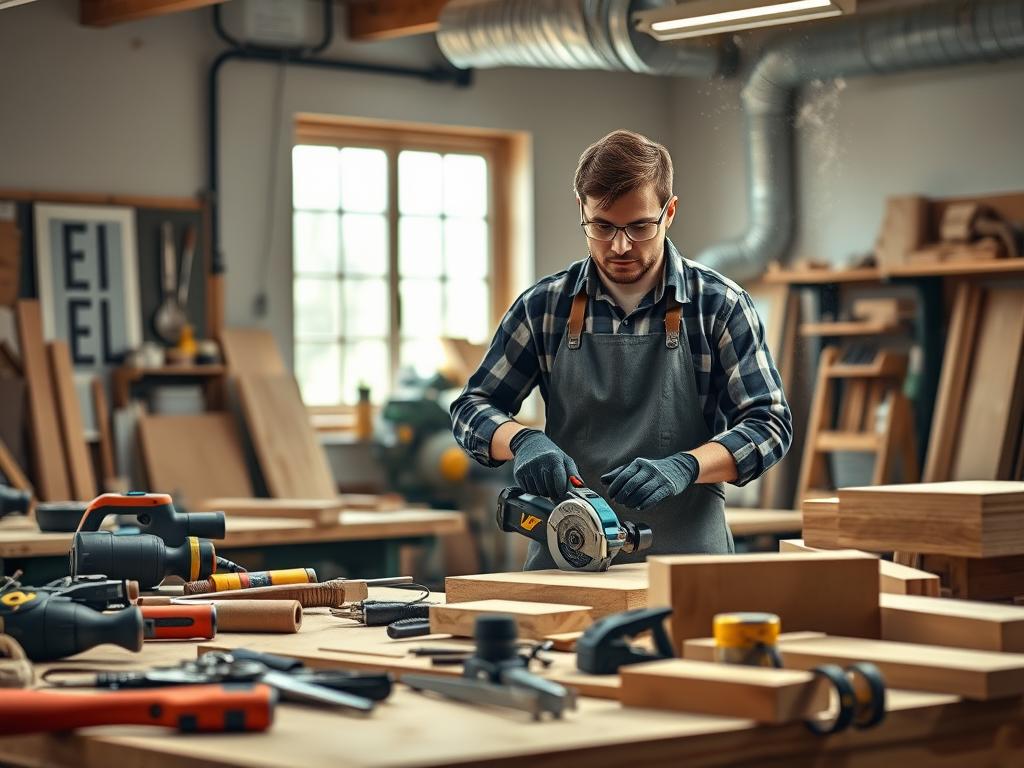 A photorealistic image of a woodworking workshop, focusing on safety. In the foreground, a workbench cluttered with essential tools like saws, chisels, and measuring tapes, all neatly organized to emphasize order. Midground features a workshop worker wearing professional protective gear: goggles, gloves, and an apron, demonstrating proper safety protocols while using a power tool. The background showcases a well-maintained dust extraction system with visible dust particles in the air, highlighting cleanliness. Soft, natural light streams in from a window, creating a warm, inviting atmosphere. The composition is shot from a slightly elevated angle, giving a comprehensive view of the workshop's layout and equipment, conveying diligence and professionalism in a safe work environment. A photorealistic image of a woodworking workshop, focusing on safety. In the foreground, a workbench cluttered with essential tools like saws, chisels, and measuring tapes, all neatly organized to emphasize order. Midground features a workshop worker wearing professional protective gear: goggles, gloves, and an apron, demonstrating proper safety protocols while using a power tool. The background showcases a well-maintained dust extraction system with visible dust particles in the air, highlighting cleanliness. Soft, natural light streams in from a window, creating a warm, inviting atmosphere. The composition is shot from a slightly elevated angle, giving a comprehensive view of the workshop's layout and equipment, conveying diligence and professionalism in a safe work environment.