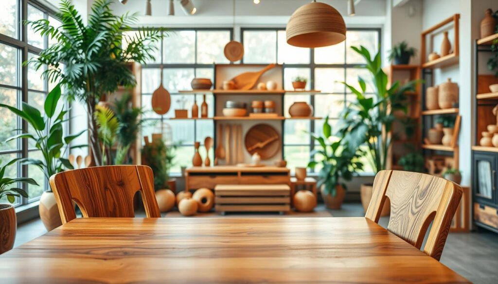 A photorealistic image of eco-friendly wooden products displayed creatively in a bright, airy showroom. In the foreground, close-up shots of beautifully crafted wooden furniture—such as a minimalist table and chair set—showcase the rich grain and texture of the wood. The middle features various wooden items like kitchen utensils, toys, and decor, all made from sustainably sourced timber. In the background, large windows let in natural light, illuminating the green plants that enhance the fresh, lively atmosphere. The overall mood is warm and inviting, emphasizing the natural beauty and sustainability of wood as a material. The image is captured with a DSLR camera, highlighting the intricate details with soft bokeh effects around the edges.
