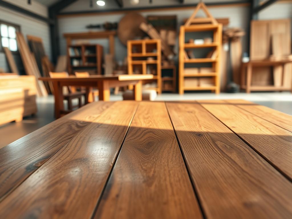 A photorealistic image of various wooden surfaces, showcasing different types of wood textures and grain patterns. In the foreground, there are close-up shots of freshly oiled oak and walnut planks, glistening gently under natural light, highlighting the rich tones and fine details. The middle ground features a selection of wooden furniture—a polished dining table and a rustic shelving unit—displaying the essence of well-maintained wood. In the background, a serene workshop environment with soft, diffused lighting creates an inviting atmosphere, illustrating a space dedicated to wood care. The image should be captured with a DSLR camera at a slight angle to add depth, evoking a sense of warmth and appreciation for natural wood products.