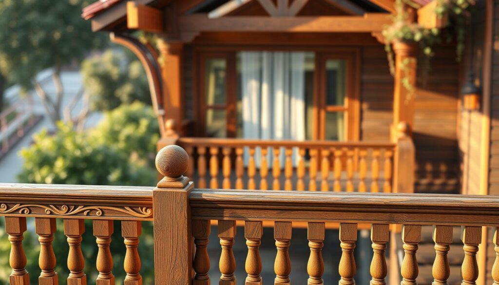 A photorealistic image showcasing balcony and railing structures made of wood. In the foreground, depict intricately designed wooden railings with elegant carvings, emphasizing craftsmanship. The middle ground should feature a well-constructed balcony, showcasing various wooden textures and finishing styles, including a mix of modern and traditional designs. The background should include a serene garden setting, with greenery softly blurring to enhance focus on the balcony. The lighting is warm and inviting, reminiscent of golden hour, highlighting the natural beauty of the wood. Capture the scene from a slightly elevated angle to provide depth, simulating a view from above. The overall mood should evoke a sense of tranquility and sophistication, ideal for architectural design enthusiasts.