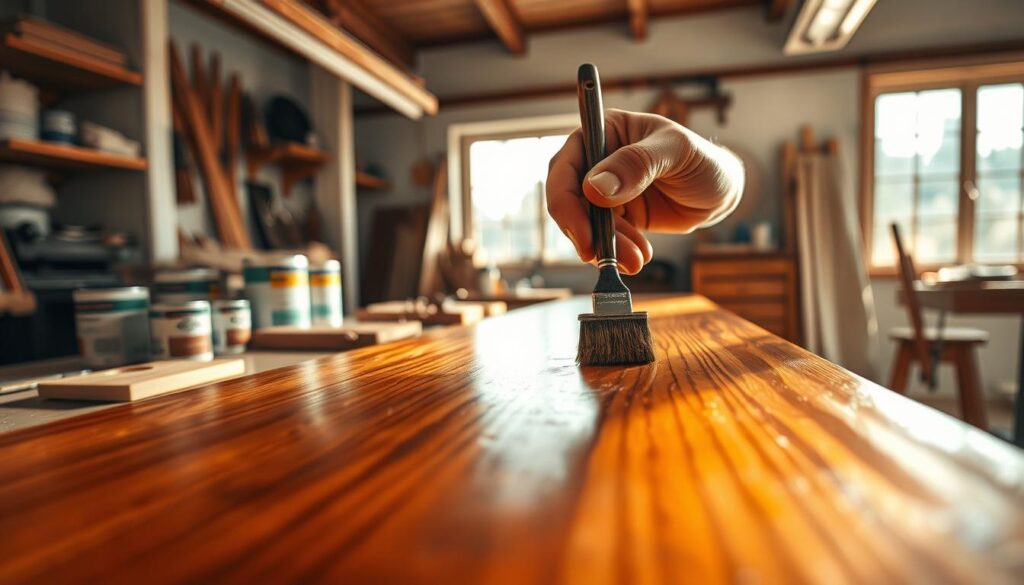 A photorealistic scene showcasing a skilled artisan meticulously applying lacquer to a wooden surface in a well-lit workshop. In the foreground, a close-up of the artisan's hands is seen guiding a brush over the richly grained wood, demonstrating careful technique and focus. The middle ground features an array of tools including paint cans, brushes, and sanding materials neatly arranged on a workbench. In the background, soft, natural light filters through a window, illuminating the warm tones of the wood and creating an inviting atmosphere. The lens captures the intricate details of the lacquer's glossy finish, accentuating the protective qualities it brings to the wood. The mood is one of craftsmanship and dedication, reflecting the importance of care in wood maintenance.