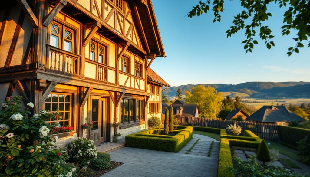 A picturesque view of a modern Fachwerkbau, combining traditional timber framing with contemporary materials. In the foreground, a beautifully crafted half-timbered building showcases exposed wooden beams and intricate latticework, surrounded by lush greenery and blooming flowers. In the middle ground, a landscaped garden with neatly trimmed hedges and stone pathways leads to the entrance of the home, which features large modern windows for natural light. The background includes a serene village scene with rolling hills and a clear blue sky, creating a harmonious balance between old and new. The lighting is soft and warm, resembling the golden hour, emphasizing the textures of the wood and stone. Captured with a DSLR camera, maintaining a sharp focus on the Fachwerkbau while slightly blurring the background for depth. The overall mood is inviting and tranquil, reflecting a blend of tradition and innovation. A picturesque view of a modern Fachwerkbau, combining traditional timber framing with contemporary materials. In the foreground, a beautifully crafted half-timbered building showcases exposed wooden beams and intricate latticework, surrounded by lush greenery and blooming flowers. In the middle ground, a landscaped garden with neatly trimmed hedges and stone pathways leads to the entrance of the home, which features large modern windows for natural light. The background includes a serene village scene with rolling hills and a clear blue sky, creating a harmonious balance between old and new. The lighting is soft and warm, resembling the golden hour, emphasizing the textures of the wood and stone. Captured with a DSLR camera, maintaining a sharp focus on the Fachwerkbau while slightly blurring the background for depth. The overall mood is inviting and tranquil, reflecting a blend of tradition and innovation.
