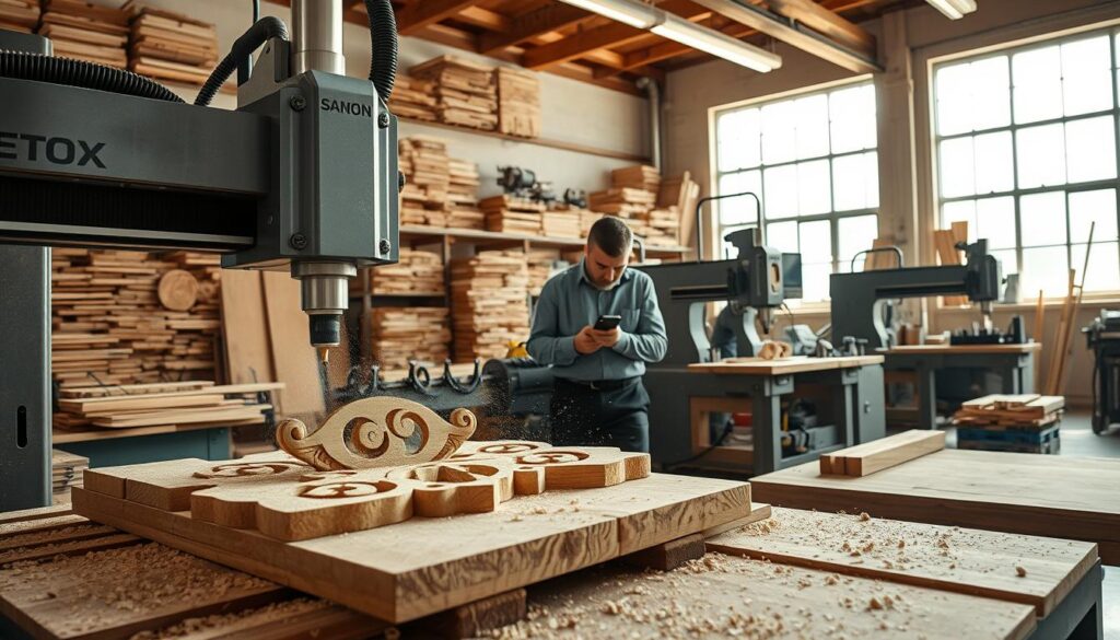 A professional woodworking workshop featuring a variety of milling machines in action, showcasing their application in wood processing. In the foreground, a robust, modern CNC milling machine is intricately carving a detailed wooden design, with shavings flying in the air. In the middle ground, skilled artisans in professional attire are meticulously adjusting the machines and examining the woodwork, with a focus on precision and craftsmanship. The background displays shelves stocked with various types of wood and additional machinery, enhancing the industry's depth. The scene is illuminated with bright, natural lighting coming from large windows, creating a warm and inviting atmosphere. Captured in a photorealistic style, this image is shot from a low angle to emphasize the machines' detail and the artisans’ focused expressions, providing a sense of dedication and professionalism.
