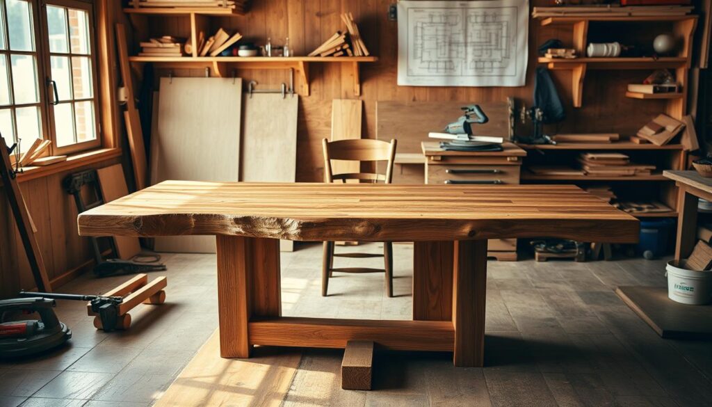 A rustic yet elegant wooden dining table made from solid hardwood, showcasing natural grain patterns and rich texture. The scene captures the table in a cozy workshop environment, with tools like a saw and wood clamps artfully placed around it. In the foreground, the table is centered, glowing warmly under soft, diffused natural light streaming in from a nearby window. In the middle ground, a partially assembled chair complements the table, highlighting craftsmanship. The background features wooden shelves stocked with woodworking materials and blueprints. The atmosphere is inviting and creative, suggesting a DIY spirit. Shot with a DSLR camera from a slightly elevated angle, emphasizing the details and craftsmanship of the wooden dining table.