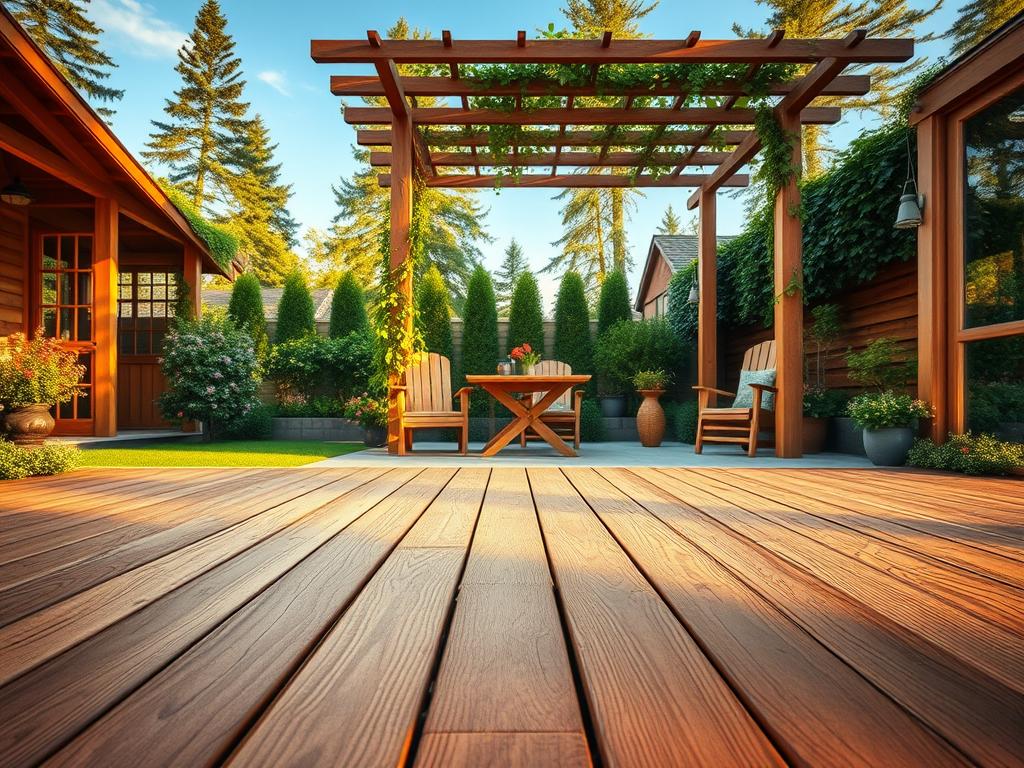A serene garden scene showcasing various wooden structures in an outdoor setting. In the foreground, a beautifully crafted wooden deck extends towards the viewer, with subtle grain patterns visible in the sunlight. Just behind, a stylish pergola draped with climbing plants adds depth, creating a cozy shaded space. The middle ground features a harmonious arrangement of wooden garden furniture, like a rustic table and chairs, surrounded by vibrant flowers and greenery. In the background, tall trees provide a lush, natural atmosphere against a clear blue sky. The whole scene is illuminated with warm, golden hour lighting for a soft, inviting effect, captured with a DSLR camera at a slight downward angle to emphasize the textures and details of the wood.