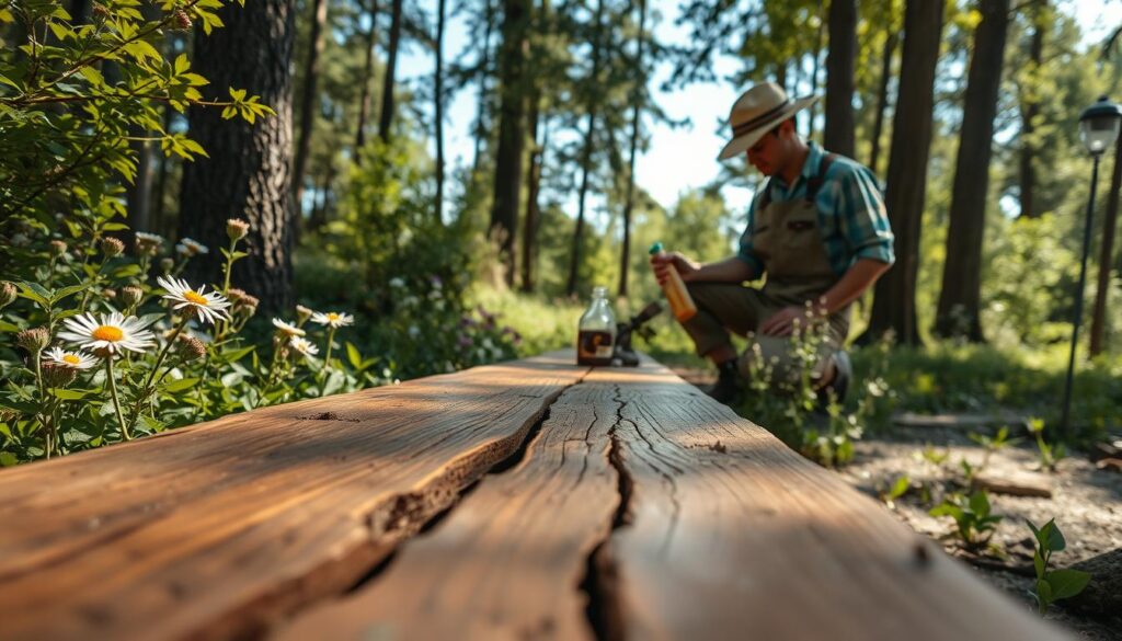 A serene outdoor setting showcasing natural wood protection techniques. In the foreground, a rustic wooden surface treated with eco-friendly oils, displaying a rich texture and glossy sheen. Surrounding it, lush green foliage and blooming wildflowers suggest a healthy ecosystem. In the middle ground, a skilled artisan applying a natural wood preservative with precision, dressed in modest work attire, emphasizing craftsmanship and sustainability. The background features tall trees and soft sunlight filtering through the leaves, creating dappled shadows on the ground. The scene is captured with a DSLR camera to convey photorealistic detail, with a warm, inviting atmosphere that highlights the importance of eco-friendly methods for maintaining healthy wood surfaces.