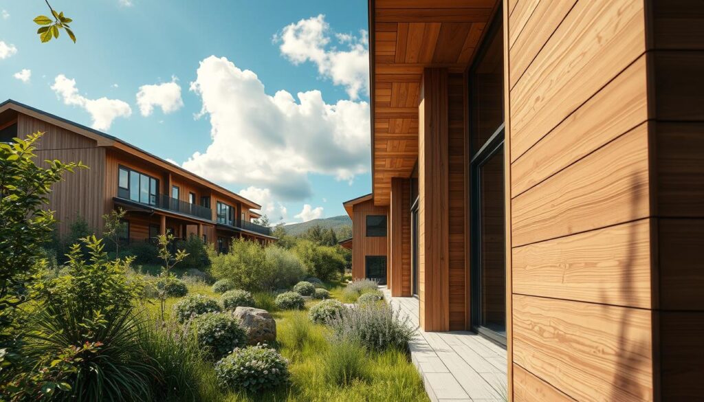 A serene, photorealistic image of a modern wooden building nestled in a lush green landscape, showcasing the principles of sustainable construction with wood. In the foreground, intricately detailed wooden panels reveal their natural textures, while architectural features like large windows provide a glimpse of the interior. The middle ground features a tranquil garden with native plants, emphasizing ecological harmony. In the background, a bright blue sky is dotted with fluffy white clouds, enhancing the sense of openness and tranquility. Soft, natural lighting bathes the entire scene, creating a warm and inviting atmosphere. The perspective is captured with a DSLR camera, ensuring rich detail and clarity. The mood is peaceful and inspiring, highlighting the beauty of sustainable wood construction.