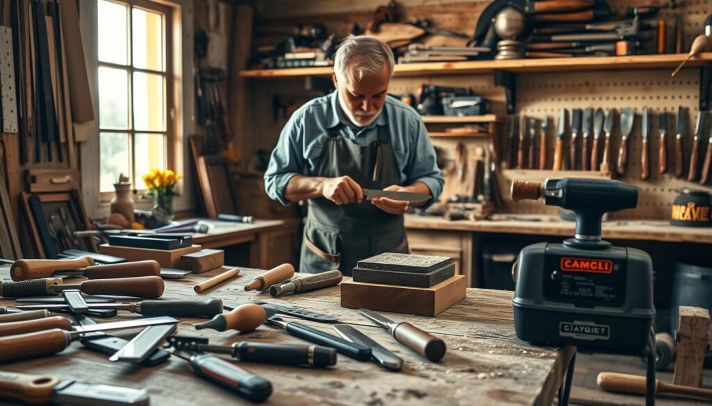 A serene workshop scene focusing on the art of tool sharpening, emphasizing different sharpening methods. In the foreground, a well-used wooden workbench is cluttered with an array of tools, including chisels and knives, alongside a whetstone and an electric sharpener. The middle ground showcases a craftsman, dressed in a professional apron and modest casual attire, intently sharpening a knife with precision and care. Soft, natural light pours in from a nearby window, illuminating dust particles in the air. The background features shelves filled with neatly arranged tools and sharpening equipment, creating a warm, inviting atmosphere that reflects skill and craftsmanship. The overall mood is one of focus, dedication, and the importance of regular maintenance in preserving tool performance.
