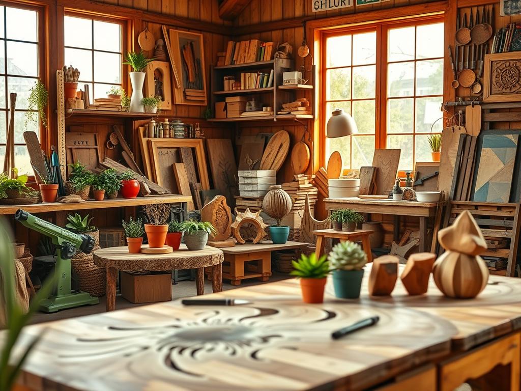 A serene workshop scene showcasing various upcycled wooden projects made from scrap wood. In the foreground, display an intricately designed table crafted from reclaimed wood, adorned with colorful plant pots and artful wooden sculptures. The middle ground features a cozy corner filled with shelves holding DIY tools and finished projects, such as decorative wooden boxes and wall art. In the background, large windows let in soft, warm sunlight, illuminating the entire space with a golden glow, enhancing the earthy tones of the wood. The image should be captured with a DSLR camera, focusing on depth of field to create a photorealistic feel. The atmosphere should evoke creativity and sustainability, emphasizing the beauty of repurposed materials in a welcoming home environment.