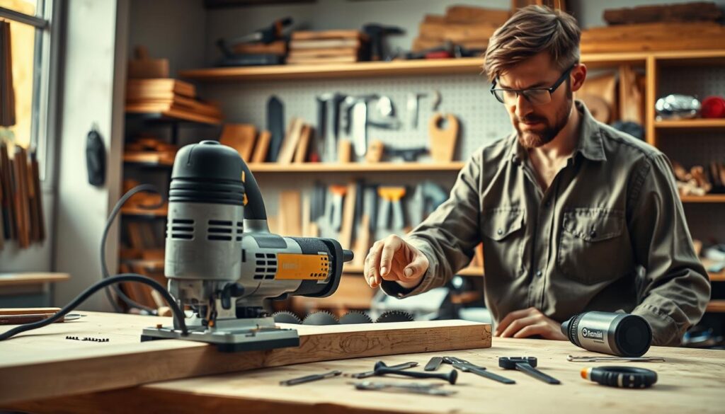 A skilled handyman in a workshop environment, using a jigsaw to make precise cuts on a wooden board. In the foreground, the jigsaw is highlighted, showing its blade in action, making a clean cut through the wood. The handyman is wearing a modest work shirt and safety goggles, focused intently on his task. In the middle ground, tools and various saw blades are neatly organized on a workbench, emphasizing the theme of proper jigsaw usage. The background features well-lit shelves filled with additional woodworking tools, creating an inviting and productive atmosphere. The lighting is bright and natural, capturing a photorealistic detail, as if shot with a DSLR camera for a magazine article, evoking a sense of craftsmanship and precision.