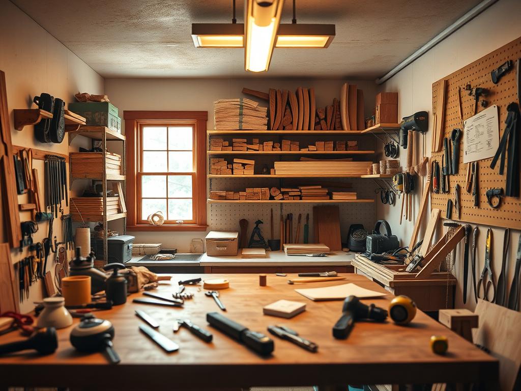 A small, organized workshop space designed for hobby woodworking, showcasing efficient use of space. In the foreground, a sturdy workbench is cluttered with various hand tools, measuring tapes, and wood scraps, all illuminated by warm overhead lighting for a cozy atmosphere. The middle ground features well-arranged shelves filled with neatly organized wood pieces and tool storage, emphasizing a minimalist design. The background showcases a window allowing soft, natural light to filter in, creating a bright and inviting environment. The walls are adorned with pegboards displaying tools and a small inspiration board filled with woodworking designs. Shot in photorealistic detail with a DSLR camera, the angle captures the workshop's functionality and charm, evoking a sense of creativity and productivity.