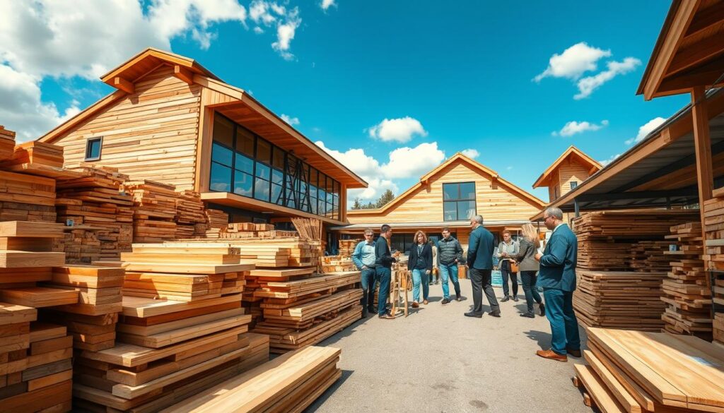 A vibrant and bustling Holzmarkt scene in Germany, showcasing a modern timber marketplace. In the foreground, various types of timber beams and planks are displayed, with artisans examining them closely, dressed in professional business attire. The middle ground features a diverse group of customers engaging with knowledgeable sellers, surrounded by stacks of high-quality wooden materials. The background includes a contemporary building styled with wood accents, under a bright blue sky with soft white clouds. The image is lit with warm, natural sunlight, casting gentle shadows that enhance the textures of the wood. Captured with a DSLR camera in a wide-angle perspective, the scene emanates a mood of innovation and sustainability in timber production.