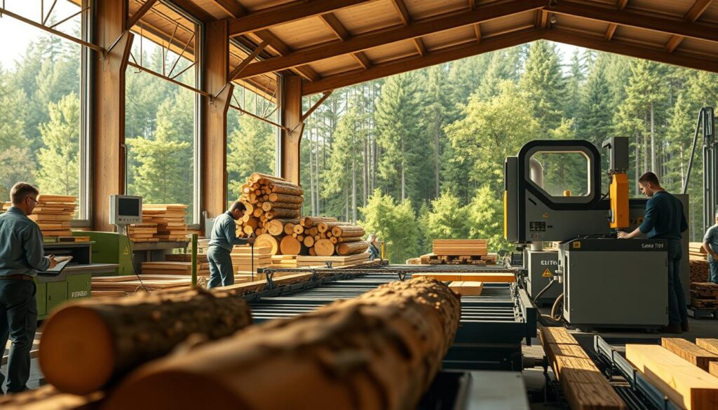 A vibrant, photorealistic scene showcasing innovations in the wood industry, featuring a modern sawmill with advanced machinery processing timber in the foreground. Workers in professional attire operate the machinery, demonstrating teamwork and expertise. In the middle ground, logs are being transformed into high-quality wood products, while a high-tech laser cutting machine is prominently displayed. The background consists of lush green forests, symbolizing sustainability and natural resources. Soft, natural lighting filters through the open windows of the sawmill, casting gentle shadows that enhance the machinery's details. The camera angle captures the scene from a lower perspective, emphasizing the scale of the technology and the diligent workers, evoking a mood of progress and ecological harmony.