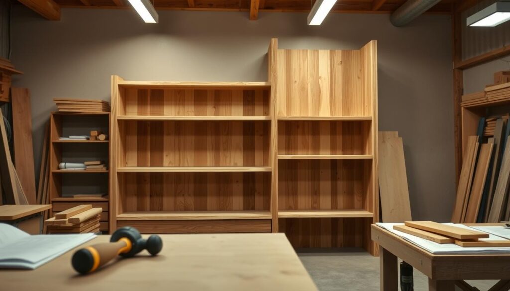 A well-designed woodworking workshop featuring a beautifully constructed wooden shelving unit as the centerpiece. In the foreground, highlight the sturdy woodwork, showcasing natural grains and textures with detailed craftsmanship, perhaps with a few tools like a saw and a hammer nearby, suggesting an active DIY project. The middle ground should include an organized workspace with wooden planks and plans scattered on a workbench, demonstrating a productive environment. In the background, soft lighting illuminates the space, accentuating the warm tones of the wood and giving it a cozy yet professional feel. The perspective should be slightly angled, captured as if taken with a DSLR camera, emphasizing the depth and dimension of the workshop. The overall atmosphere should convey a sense of creativity, productivity, and the joy of building something beautiful from wood.