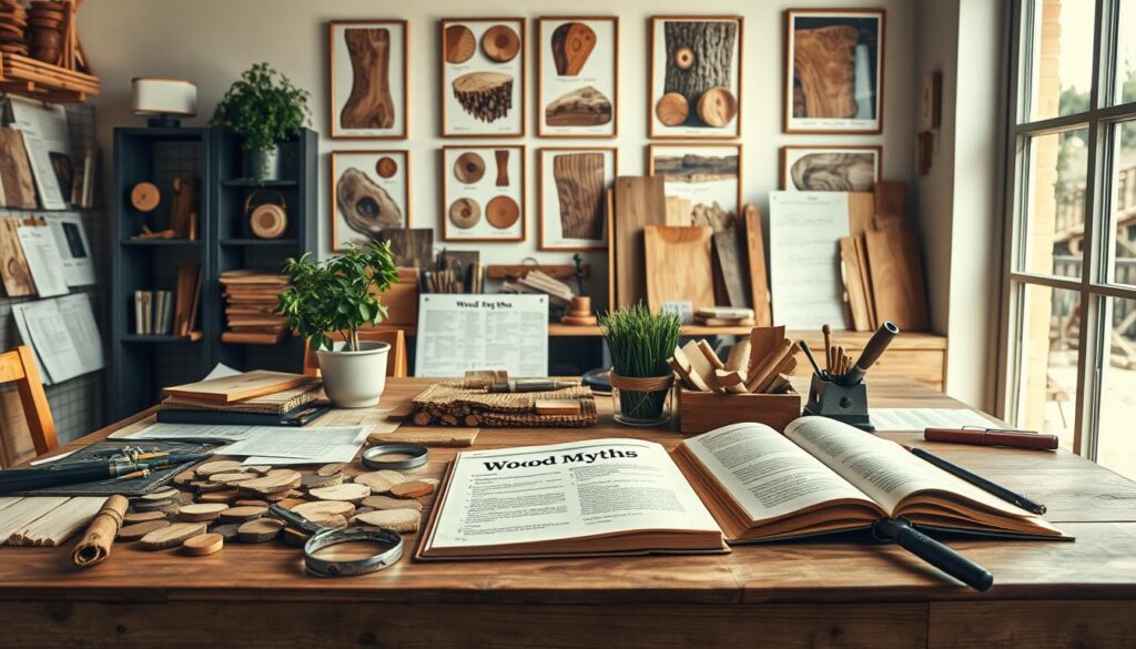 A well-organized workspace themed around wood myths and facts, featuring a wooden table in the foreground scattered with various artifacts like wooden samples, charts, and tools used for woodworking. In the middle ground, an open book entitled "Wood Myths" lies next to a magnifying glass and a potted plant. The background showcases a wall with framed images depicting various wood types and their uses. Bright, natural lighting filters in from a large window, creating a warm, inviting atmosphere. The scene is captured from a slightly elevated angle for depth, resembling a professional magazine photo taken with a DSLR camera. Emphasis on detail and clarity to engage viewers with the subject.