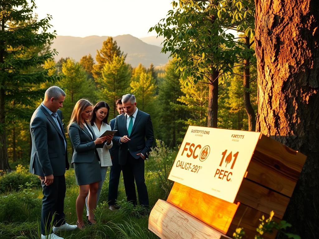 Photorealistic representation of sustainable forestry in a lush, green forest during golden hour. In the foreground, a diverse group of professionals in business attire examines certifications like FSC and PEFC on sustainable wood samples, showcasing their commitment to responsible practices. In the middle ground, healthy trees with vibrant foliage illustrate sustainable management, with clear signs of careful harvesting and new growth. The background features distant mountains under a softly illuminated sky, enhancing the serene atmosphere. Warm, natural lighting casts gentle shadows, enriching the textures of the bark and leaves. The image conveys an inspiring sense of harmony between nature and sustainable practices, highlighting the importance of recognizing sustainable wood products. Shot with a DSLR camera from a slightly elevated angle for a comprehensive view. Photorealistic representation of sustainable forestry in a lush, green forest during golden hour. In the foreground, a diverse group of professionals in business attire examines certifications like FSC and PEFC on sustainable wood samples, showcasing their commitment to responsible practices. In the middle ground, healthy trees with vibrant foliage illustrate sustainable management, with clear signs of careful harvesting and new growth. The background features distant mountains under a softly illuminated sky, enhancing the serene atmosphere. Warm, natural lighting casts gentle shadows, enriching the textures of the bark and leaves. The image conveys an inspiring sense of harmony between nature and sustainable practices, highlighting the importance of recognizing sustainable wood products. Shot with a DSLR camera from a slightly elevated angle for a comprehensive view.
