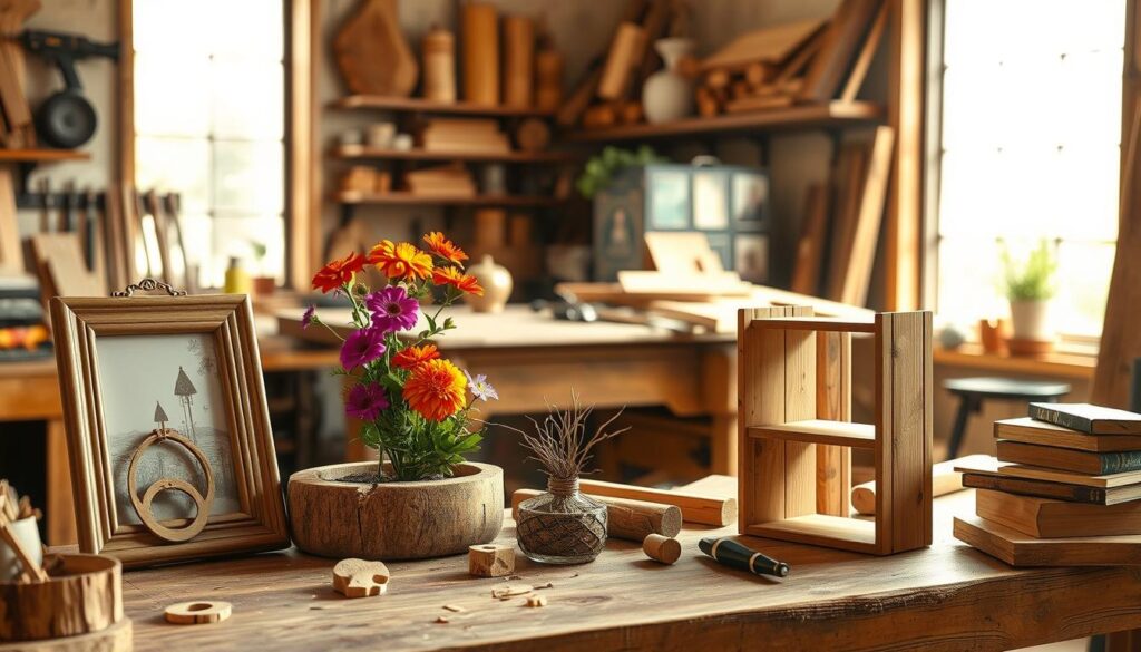 a photorealistic depiction of upcycling wooden projects, showcasing a variety of creative small DIY crafts made from wood remnants. In the foreground, there are beautifully crafted items like a rustic picture frame, a wooden plant holder with vibrant flowers, and a unique bookshelf made from reclaimed wood. The middle ground features a sturdy workbench with tools scattered around and pieces of wood in various stages of transformation. In the background, a cozy workshop with warm, natural light streaming through a window highlights the artisanal atmosphere. The image captures a serene and inviting mood, with soft shadows adding depth, taken from a slightly elevated angle to showcase the craftsmanship and detail.
